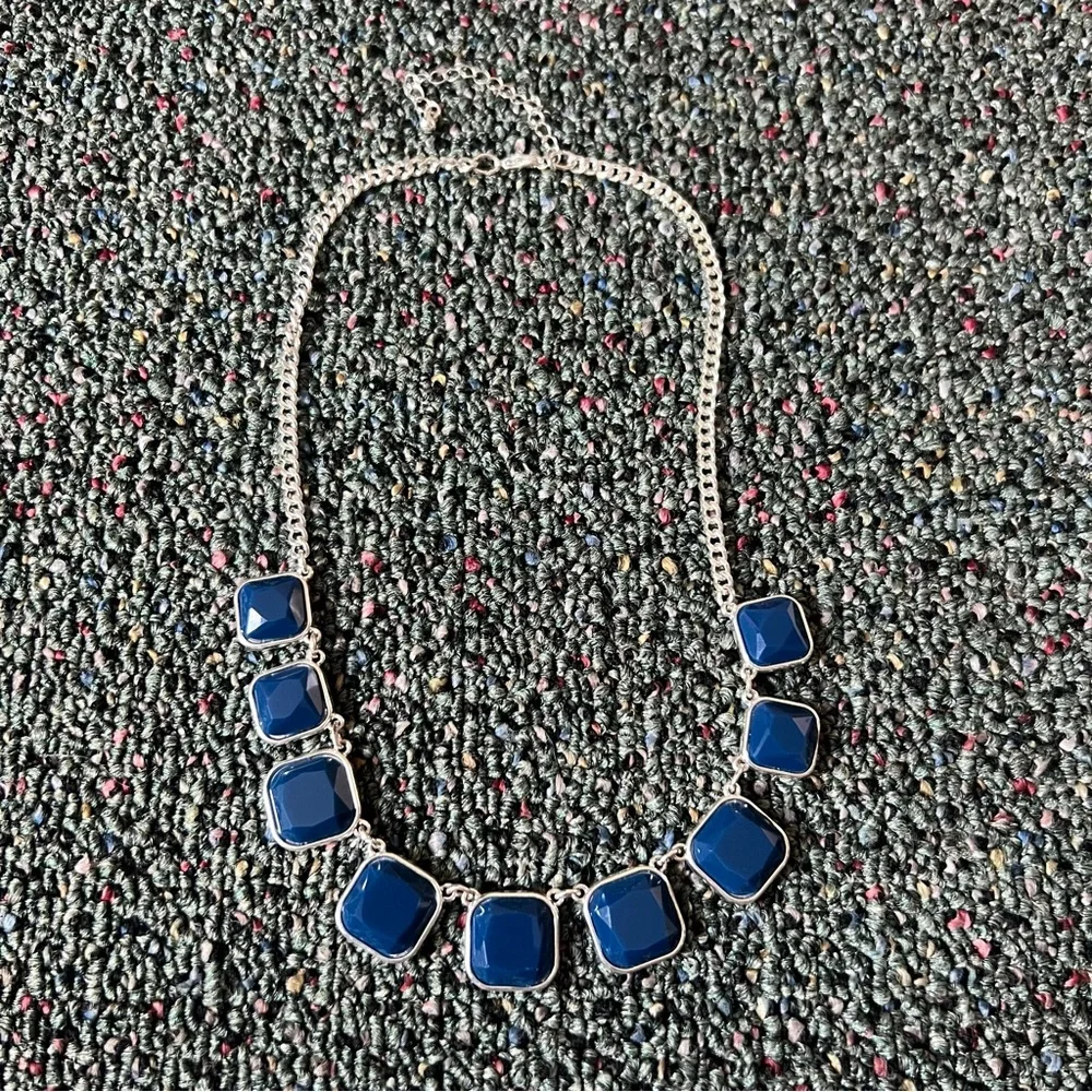Vintage 2010s Square Cut Navy Blue Stone Bezel Facets Silver Statement Necklace